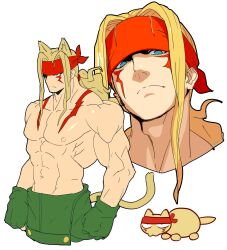 abs absurdres alex_(street_fighter) animal_ears animalization blonde_hair blue_eyes body_markings broad_shoulders capri_pants cat cat_boy cat_ears closed_mouth collarbone cropped_shoulders facial_mark frown gloves green_gloves green_pants headband highres long_hair multiple_views muscular muscular_male nipples pants pectorals person_and_animalization ponytail red_headband sach56000 simple_background street_fighter street_fighter_iii_(series) topless_male white_background 