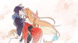  2girls absurdres animal_ears blue_hair blue_hoodie cho_kaguya-hime! closed_eyes commentary english_commentary green_eyes highres hood hood_down hoodie japanese_clothes kaguya_(cho_kaguya-hime!) kimono long_hair long_sleeves multiple_girls off_shoulder open_mouth rabbit_ears red_kimono revision rnna sakayori_iroha short_hair yuri 