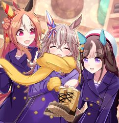  3girls ahoge animal_ears beret blue_coat blush boots bow braid breasts brown_hair closed_eyes coat collarbone commentary_request copano_rickey_(umamusume) double_bun ear_covers fang gloves grey_hair hair_between_eyes hair_bun hair_ornament hat highres hokko_tarumae_(umamusume) holding holding_boots holding_unworn_clothes horse_ears horse_girl horse_tail long_braid long_hair medium_breasts mismatched_ear_covers multicolored_hair multiple_girls open_mouth scarf school_uniform shopping single_ear_cover smile streaked_hair striped_bow striped_hair tail tassel tassel_hair_ornament torinosukei tracen_school_uniform tracen_winter_coat twin_braids umamusume unworn_boots violet_eyes white_hair white_hat winter_clothes winter_coat wonder_acute_(umamusume) yellow_gloves yellow_scarf 