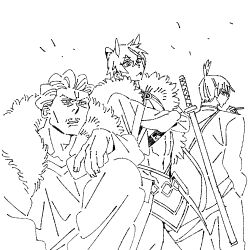  3boys chainsaw_man cho_kaguya-hime! cigarette commentary_request face_piercing facial_hair formal_clothes fur_shawl hakari_kinji hayakawa_aki holding holding_cigarette japanese_clothes jujutsu_kaisen kkangmuu korean_commentary lip_piercing lip_ring long_sleeves male_focus mikado_akira_(cho_kaguya-hime!) multiple_boys mustache_stubble piercing shawl short_hair side_labret_piercing smile stubble topknot weapon weapon_on_back 