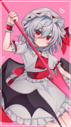  1girl ascot back_bow bat_wings blue_hair blush bow closed_mouth commentary cowboy_shot energy_spear frilled_skirt frills grey_hair hat hat_bow heart highres holding holding_polearm holding_weapon low_wings mob_cap pink_background pointy_ears polearm puffy_short_sleeves puffy_sleeves red_ascot red_bow red_eyes remilia_scarlet shirt short_sleeves simple_background skirt smile solo spear spear_the_gungnir suigyu_xxx touhou untranslatable_commentary weapon white_hat white_shirt white_skirt wings 