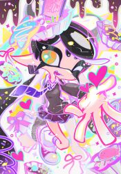  1girl black_hair black_skirt callie_(splatoon) collared_shirt commentary cross-shaped_pupils earrings fangs food food_on_head grey_sweater highres inkling jewelry long_hair long_pointy_ears long_sleeves looking_at_viewer miniskirt mole mole_under_eye necktie object_on_head one_eye_closed open_mouth orange_eyes outstretched_arm pink_necktie pleated_skirt pointy_ears purple_necktie reaching reaching_towards_viewer red_shoes school_uniform shirt shoes skirt smile sneakers socks solo splatoon_(series) striped_clothes striped_necktie sweater symbol-shaped_pupils tentacle_hair two-tone_necktie untranslatable_commentary very_long_hair white_shirt white_socks xiaoyunatie 