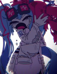  2girls absurdly_long_hair absurdres ahoge backlighting blue_hair blurry closed_eyes commentary_request crying drill_hair eyewear_on_head furrowed_brow glitch goggles hand_on_another's_head hatsune_miku highres hug jigen_tsuushin_(vocaloid) kasane_teto korean_commentary lab_coat long_hair long_sleeves multiple_girls open_mouth red_eyes saku_ram sleeves_past_fingers sleeves_past_wrists streaming_tears synthesizer_v tears torn_clothes twin_drills utau very_long_hair vocaloid white_background 