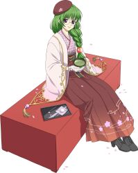  1girl artist_request braid cherry_blossoms drink floral_print full_body game_cg gloves green_hair green_tea hair_ornament hakama hakama_skirt hat highres japanese_clothes kimono lips long_hair looking_at_viewer official_alternate_costume official_art petals philia_felice philia_felice_(flower_viewing) round_eyewear sitting skirt smile solo sphere_hair_ornament tales_of_(series) tales_of_asteria tales_of_destiny tea third-party_source transparent_background white_gloves 