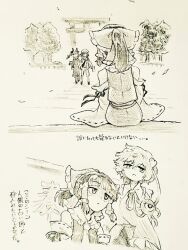  4girls animal_ears ascot bow braid buttons cat_ears cat_tail collared_shirt commentary_request detached_sleeves dress extra_ears eyeball foul_detective_satori frilled_bow frilled_hair_tubes frilled_shirt_collar frilled_sleeves frills hair_bow hair_tubes hakurei_reimu hat heart_button jacket kaenbyou_rin komeiji_satori long_sleeves menotama multiple_girls multiple_tails necktie nekomata open_clothes open_jacket open_mouth ribbon-trimmed_sleeves ribbon_trim shameimaru_aya shameimaru_aya_(newsboy) shirt short_hair sitting tail third_eye torii touhou traditional_media translation_request twin_braids two_tails wide_sleeves 