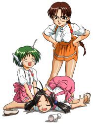  3girls \m/ accident android anna_miller antenna_hair apron back_bow bandabekken black_hair bow braid brown_eyes brown_hair closed_eyes crying cup dropped_food fallen_down food food_on_head fork_in_hair frown glasses green_hair hands_on_own_hips high-waist_skirt hinayama_rio hoshina_tomoko ice_cream ice_cream_on_head leaning_forward long_hair multi_(to_heart) multiple_girls object_on_head open_mouth orange_bow orange_skirt pantyhose pink_apron pink_bow pink_skirt plate robot_ears shirt shoes short_hair simple_background single_braid sitting skirt smile sobbing spoon standing suspender_skirt suspenders to_heart to_heart_(series) top-down_bottom-up twintails waist_apron waitress wariza white_background white_shirt white_shoes 