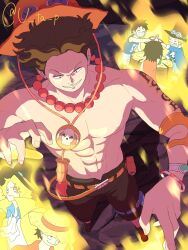  3boys arm_tattoo ascot black_hair blonde_hair boots bracelet brothers commentary_request fire freckles goggles goggles_on_headwear hat highres jewelry log_pose male_focus monkey_d._luffy multiple_boys necklace one_piece orange_hat pearl_necklace portgas_d._ace pouch sabo_(one_piece) short_hair siblings smile straw_hat tattoo thigh_pouch topless_male twitter_username u_ta_p white_ascot wind 