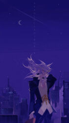  1boy absurdres aranloce artist_name bakura_ryou chinese_commentary city crescent_moon dated english_commentary highres jewelry long_hair mixed-language_commentary moon necklace solo white_hair yu-gi-oh! yu-gi-oh!_duel_monsters 