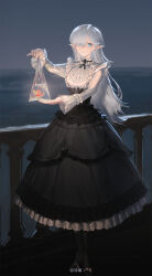  1girl bag black_boots black_skirt blue_eyes blurry blurry_background boots chinese_commentary commentary_request fingernails fish frilled_shirt_collar frilled_skirt frills full_body hair_over_one_eye hand_up highres holding holding_bag lingear long_hair long_skirt long_sleeves looking_at_viewer multicolored_skirt nail_polish original outdoors parted_lips pointy_ears shirt skirt solo two-tone_skirt white_hair white_nails white_shirt white_skirt 