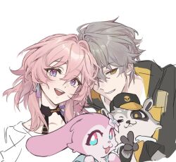  1boy 1girl black_coat caelus_(honkai:_star_rail) character_request coat collarbone english_commentary grey_hair honkai:_star_rail honkai_(series) hood hooded_coat march_7th_(honkai:_star_rail) multicolored_eyes open_mouth pink_hair raccoon simple_background teeth trailblazer_(honkai:_star_rail) two-sided_coat two-sided_fabric two-tone_eyes upper_teeth_only white_background yellow_coat yugi_hearts077 