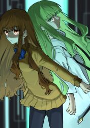  1girl 1other androgynous black_pantyhose blue_bow blue_bowtie bow bowtie brown_hair brown_jacket closed_mouth commentary_request enkidu_(fate) fate/extra fate/strange_fake fate_(series) floating_hair green_eyes green_hair jacket kishinami_hakuno_(female) long_hair long_sleeves looking_at_viewer nadu_kokaze pantyhose school_uniform smile tsukumihara_academy_uniform_(fate/extra) very_long_hair 