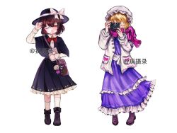  2girls bag black_boots black_capelet black_hat black_shoes black_skirt blonde_hair blush book boots bow bowtie brown_boots brown_eyes brown_hair camera capelet character_doll chinese_commentary closed_eyes collared_shirt colored_eyelashes commentary_request disembodied_eye doll dress frilled_dress frilled_skirt frills full_body hair_bow hand_in_own_hair haokeai_888 hat hat_bow highres holding holding_book holding_camera holding_photo jacket kneehighs long_sleeves maribel_hearn medium_hair mob_cap multiple_girls one_eye_closed photo_(object) pink_bow pink_scarf purple_dress red_bow red_bowtie scarf shirt shirt_tucked_in shoes shoulder_bag skirt smile socks standing straight-on taking_picture touhou twitter_username usami_renko waist_bow watermark white_background white_bow white_hat white_jacket white_shirt white_socks 