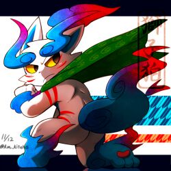 1boy animal_ears animal_nose artist_name ass back black_eyes blue_fur blue_hair body_markings boots cape clenched_hand fire full_body furry km_kituhe komainu male pawpads ponytail reflection reflective_floor serious shishikoma simple_background solo spiral striped swirl tail wallpaper white_background white_fur wrist_cuffs yellow_sclera youkai_watch