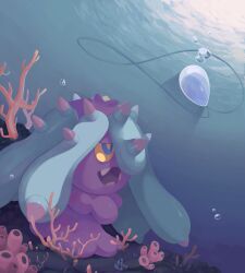  absurdres air_bubble blue_eyes bubble colored_sclera commentary coral fangs highres looking_up mareanie meliiow no_humans open_mouth pokemon pokemon_(creature) solo spikes underwater yellow_sclera 