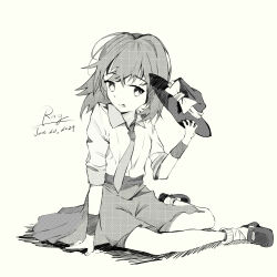  1girl absurdres black_hat black_shoes black_skirt bow chinese_commentary collared_shirt commentary dated hand_on_ground hand_rest hat hat_bow highres holding holding_unworn_clothes holding_unworn_hat medium_hair monochrome necktie renkxia shirt shirt_tucked_in shoes signature sitting skirt sleeves_rolled_up socks solo touhou unworn_hat unworn_headwear usami_renko white_shirt white_socks wristband 