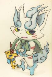 2boys anger_vein angry animal_ears animal_nose bag blue_fur blue_hair body_markings boots brothers brown_fur cape crossed_arms crying eyebrows fangs full_body furry hairband height_difference komainu komajirou leg_hug looking_to_the_side open_mouth ponytail protecting shishikoma siblings simple_background size_difference spiral striped swirl tail tears traditional_media white_fur wrist_cuffs youkai youkai_watch