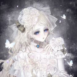  1girl artist_request blonde_hair blue_eyes blue_gem brown_ribbon bug butterfly chinese_commentary choker collarbone commentary_request commission crying dress dress_flower earrings fingernails flower gem grey_background hair_down hair_flower hair_ornament hand_up highres identity_v jewelry long_hair long_sleeves off-shoulder_dress off_shoulder parted_bangs parted_lips ribbon second-party_source see-through_clothes see-through_veil sidelocks solo streaming_tears tears transparent_background variant_set veil vera_nair vera_nair_(tonight_or_never) wavy_hair white_choker white_veil white_wrist_cuffs wrist_cuffs 