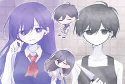  2boys 2girls antenna_hair barefoot black_eyes black_hair black_shoes black_sweater_vest black_tank_top brother_and_sister brown_shorts chibi closed_eyes closed_mouth collarbone collared_shirt colored_skin commentary_request double-parted_bangs dress dual_persona expressionless hair_behind_ear highres holding holding_knife knife long_hair looking_at_viewer mari_(faraway)_(omori) mari_(headspace)_(omori) mari_(omori) mimi_utlove multiple_boys multiple_girls neckerchief omori omori_(omori) open_mouth purple_hair red_neckerchief shirt shoes short_hair short_sleeves shorts siblings smile socks sunny_(omori) sweater_vest tank_top violet_eyes white_dress white_shirt white_skin white_socks 