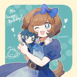  1girl ;d animal_ears aqua_background blue_bow blue_dress blue_eyes blue_hairband bow brooch brown_hair character_doll collared_dress commentary dated delicious_party_precure dog_ears dog_girl dog_tail doll dress english_text fuwa_kokone hair_bow hairband happy_birthday heart heart_brooch highres holding holding_doll jewelry looking_at_viewer one_eye_closed open_mouth outline pam-pam pam-pam_(human) precure puffy_short_sleeves puffy_sleeves short_hair short_sleeves smile solo sorashinakei_k standing tail twitter_username upper_body white_outline 