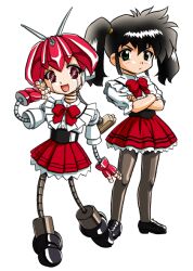  2girls bandabekken black_eyes black_hair black_shoes bow bowtie bronze_parrot closed_mouth crossed_arms cummerbund frilled_shirt frills hand_up humanoid_robot ishigami_yuusuke joints looking_at_another mechanical_hair medium_hair multiple_girls open_mouth pantyhose pleated_skirt radio_antenna red_bow red_bowtie red_eyes red_hair red_skirt robokomi robot robot_ears robot_girl robot_joints shirt shoes simple_background skirt smile suzuki_roboko twintails waitress white_background white_shirt 