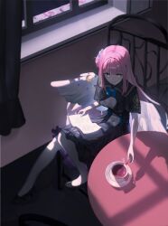  1girl absurdres black_capelet black_dress black_shoes blue_archive blue_bow blue_bowtie book book_on_lap bow bowtie breasts capelet chair closed_mouth commentary crescent cup dot_nose dress feathered_wings from_above full_body high_heels highres indoors long_hair mika_(blue_archive) moonlight night on_chair open_book pink_hair pumps school_uniform shadow shoes sitting slice_of_life solo straight_hair table tea teacup trinity_general_school_logo white_wings wing_ornament wings wispy_bangs xva-n yellow_eyes 