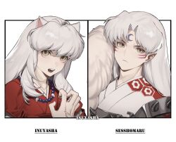  2boys animal_ears bead_necklace beads brothers cbow character_name closed_mouth commentary_request copyright_name dog_boy dog_ears facial_mark fingernails forehead_mark highres inuyasha inuyasha_(character) japanese_clothes jewelry long_hair male_focus multiple_boys necklace sesshoumaru sharp_fingernails siblings simple_background tooth_necklace white_background white_hair yellow_eyes 