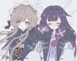  2girls black_hair blue_eyes bonnet breath brown_hair closed_eyes closed_mouth coat colored_inner_hair columbina_(genshin_impact) commentary eye_mask fatui_coat fur-trimmed_coat fur_trim gem genshin_impact hair_ornament headdress highres long_hair mask multicolored_hair multiple_girls multiple_wings purple_hair purple_streaks red_gem sandrone_(genshin_impact) see-through_clothes see-through_mask short_hair_with_long_locks snow snowflakes snowing two-tone_hair untranslatable_commentary upper_body very_long_hair white_coat white_headdress white_mask wing_hair_ornament wings winter_clothes x-shaped_eyewear yapc03 