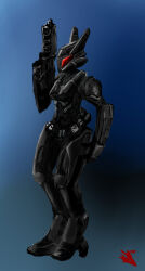  1girl armor armored_bodysuit artist_logo blue_background caldari_state_(eve_online) combat_helmet commentary dust_514 english_commentary eve_online full_body gun guristas_pirates_(eve_online) hand_up helmet highres holding holding_gun holding_weapon logo novafox original pirate_faction_(eve_online) science_fiction skull_print solo standing weapon 