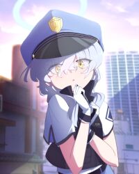  1girl absurdres blue_archive blue_halo blush commentary_request english_text eyes_visible_through_hair gloves hair_over_eyes halo hat highres looking_at_viewer peaked_cap police police_badge police_hat police_uniform policewoman process_takuwan solo valkyrie_police_academy_student_(sg)_(blue_archive) white_gloves white_hair yellow_eyes 