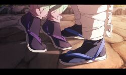  1boy 1girl backlighting black_socks blue_sandals commentary_request couple day feet foot_focus hetero highres implied_kiss kimetsu_no_yaiba kochou_shinobu lower_body ninmari outdoors purple_sandals sandals shadow socks standing tabi tiptoes tomioka_giyuu 