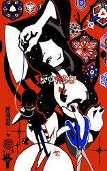  2girls abstract arm_up black_hair black_nails black_pants black_shirt blood blood_drip blood_on_knife hashtag-only_commentary hat hi_fi_club_(vocaloid) highres holding holding_knife holding_scissors holding_string ima_mo_nao_kangaechuu knife layered_sleeves limited_palette long_hair long_sleeves looking_at_another looking_to_the_side mada_(hi_fi_club) mandala multiple_girls nine_(hi_fi_club) pants red_background robe scissors shirt short_hair short_over_long_sleeves short_sleeves smile song_name sparkle standing string string_around_neck striped_sleeves white_hat white_robe 