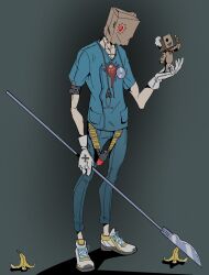  1boy arm_up bag bag_over_head banana_peel blue_pants blue_shirt commentary english_commentary faust_(guilty_gear) gloves guilty_gear guilty_gear_strive highres holding holding_weapon kippotle male_focus one_eye_covered pants paper_bag pocket scalpel shirt shoes short_sleeves sneakers solo stethoscope_around_neck weapon white_gloves white_shoes 