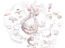  1girl absurdres apron bread cake cake_slice commentary_request commission croissant dress food full_body hat highres holding holding_wand lankilanki original pink_dress pink_hair pretzel pudding solo wand watermark white_apron 
