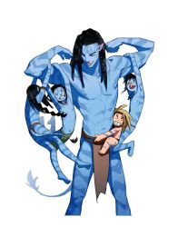  2girls 3boys abs absurdres alien animal_ears avatar:_the_way_of_water black_hair blue_skin brown_hair carrying carrying_multiple_people carrying_person child colored_skin commentary_request double_biceps_pose dreadlocks duak_(halcyon1751111) family father_and_daughter father_and_son flexing gas_mask happy height_difference highres jake_sully james_cameron's_avatar kiri_(avatar) korean_commentary lo'ak loincloth mask multiple_boys multiple_girls muscular muscular_male na'vi pectorals pelvic_curtain spider_(avatar) strong tail topless_female topless_male tuktirey 