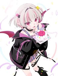  1girl :d arm_belt bat_necklace belt birthday_cake black_collar black_jacket black_leg_warmers bloom blunt_bangs blush cake chain chain_necklace collar collarbone colored_inner_hair commentary_request confetti crop_top demon_wings earclip fangs feet_out_of_frame food food_print fruit_print grey_hair hair_intakes hair_ornament highres holding holding_cake holding_food jacket jewelry leaning_forward leg_belt leg_tattoo leg_warmers lightning_bolt_print looking_at_viewer loose_belt makaino_ririmu makaino_ririmu_(6th_costume) miniskirt mopyo multicolored_hair multicolored_hair_bobbles necklace nijisanji no_headwear o-ring o-ring_collar o-ring_thigh_strap off_shoulder open_clothes open_jacket open_mouth pendant pink_belt pink_hair pink_jacket pink_skirt pink_streaks plaid_clothes plaid_skirt pleated_skirt pocket pointy_ears red_eyes red_wings short_hair skirt smile solo spiked_collar spikes standing star_(symbol) star_hair_ornament strawberry_print streaked_hair tattoo thigh_strap two-sided_fabric two-sided_jacket two-tone_hair two_side_up upturned_eyes virtual_youtuber white_background winged_heart winged_heart_tattoo wings wolf_cut 