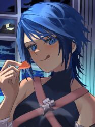  1girl :p aqua_(kingdom_hearts) blue_eyes blue_hair blush candy chocolate clouds cloudy_sky commentary_request crescent_moon detached_sleeves food heart heart-shaped_chocolate heart-shaped_food highres holding holding_chocolate holding_food kawame626 kingdom_hearts long_sleeves looking_at_viewer moon night short_hair sky solo tongue tongue_out upper_body window 