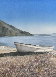  blue_sky boat day gradient_sky highres mouen_tw no_humans ocean original outdoors painting_(medium) sky traditional_media watercolor_(medium) watercraft 