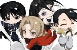  4boys ahoge amestris_military_uniform black_eyes black_gloves black_hair black_jacket black_pants blonde_hair blue_pants braid braided_ponytail cbow chibi chibi_only chinese_commentary closed_eyes coat commentary_request curtained_hair edward_elric envy_(fma) fingerless_gloves fork fullmetal_alchemist gloves grey_pants hair_tie headband highres holding holding_fork holding_spoon jacket ling_yao long_hair looking_at_another looking_at_viewer male_focus multiple_boys open_mouth pants red_coat roy_mustang short_hair simple_background single_braid smile spoon violet_eyes white_background yellow_eyes yellow_jacket 