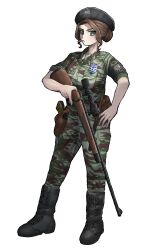  1girl absurdres armband belt belt_pouch beret black_armband black_boots black_hat boots bosnian_war brown_hair camouflage camouflage_jacket camouflage_pants cigarette collarbone commission cyrillic full_body gorgo_menea greek_flag greek_volunteer_guard green_eyes gun hat highres holding holding_gun holding_weapon holster holstered jacket jashin_gopnik jewelry labrys labrys_necklace looking_at_viewer mannlicher_schoenauer_rifle military military_combat_uniform military_fatigues military_uniform necklace non-web_source open_collar original pants pouch revolver rifle scope serbian_text short_hair short_sleeves sniper_rifle solo standing transparent_background unlit_cigarette_in_mouth weapon 