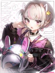  1girl ? animal_ears animal_helmet bat_necklace black_collar black_jacket bloom blunt_bangs blush chain chain_necklace collar collarbone colored_inner_hair crop_top drawn_ears earclip fake_animal_ears fang fassertii grey_hair hair_intakes hair_ornament hand_in_own_hair hashtag-only_commentary heart heart_background heart_sticker helmet highres holding holding_unworn_helmet jacket jewelry light_particles looking_at_viewer makaino_ririmu makaino_ririmu_(6th_costume) multicolored_hair necklace nijisanji no_headwear o-ring_collar open_clothes open_jacket open_mouth pendant pink_hair pink_jacket pink_streaks plaid_clothes pointy_ears rabbit_ears raised_eyebrow red_eyes short_hair sitting skin_fang solo space_helmet spiked_collar spikes spoken_question_mark star_(symbol) star_hair_ornament star_sticker sticker streaked_hair sweatdrop text_background two-sided_fabric two-sided_jacket two-tone_hair two_side_up unbuttoned unworn_headwear unworn_helmet unzipped upper_body virtual_youtuber white_background white_helmet wolf_cut 