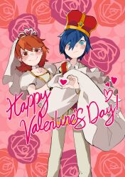  absurdres carrying damy_ql dress happy_valentine heart heart_hands heart_hands_duo highres looking_at_viewer persona persona_3 persona_q:_shadow_of_the_labyrinth persona_q_(series) princess_carry scene_reference takeba_yukari wedding_dress yuuki_makoto_(persona_3) 