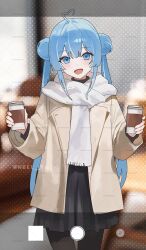  1girl 2_nan_5 absurdres ahoge arahashi_tabi artist_collaboration black_dress black_pantyhose blue_eyes blue_hair blush brown_jacket commentary_request cowboy_shot cup double-parted_bangs double_bun dress fake_phone_screenshot fake_screenshot hair_bun heart heart_ahoge highres holding holding_cup jacket korean_commentary long_hair long_sleeves looking_at_viewer nbee_ya open_clothes open_jacket open_mouth pantyhose scarf solo stellive twintails twitter_username virtual_youtuber watermark watermark_grid white_scarf 