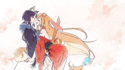  2girls absurdres animal_ears blue_hair blue_hoodie cho_kaguya-hime! closed_eyes commentary english_commentary green_eyes highres hood hood_down hoodie japanese_clothes kaguya_(cho_kaguya-hime!) kimono long_hair long_sleeves multiple_girls off_shoulder open_mouth rabbit_ears red_kimono rnna sakayori_iroha short_hair yuri 