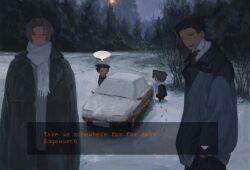  ace_attorney car chibi collared_shirt dialogue_box english_text footprints forest grey_hair highres jacket lamppost looking_at_viewer miles_edgeworth motor_vehicle nature necktie no_nose phoenix_wright red_necktie scarf shirt smile snow spacehakka speech_bubble white_shirt 