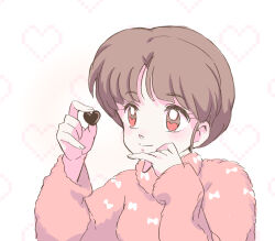  1girl absurdres brown_hair candy chocolate closed_mouth food heart heart_background highres holding holding_chocolate holding_food looking_at_object pale_skin pink_sweater ranma_1/2 red_eyes short_hair smile solo sweater tendou_akane tokito_rk upper_body 