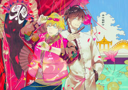  2boys alternate_costume black_hair blonde_hair blue_eyes bridge chinese_clothes curtains flower freckles hand_fan hand_in_pocket holding holding_fan jacket koshotengai_no_hashihime kurosawa_(adelta) lotus male_focus mask monocle multiple_boys official_art pants rain sweater_vest tamamori_(koshotengai_no_hashihime) teapot watch watch 