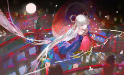  1girl absurdly_long_hair absurdres blue_eyes bridge chinese_commentary cho_kaguya-hime! commentary floating_hair hair_ornament hair_rings hair_stick highres holding holding_umbrella iinagi_(kashiwa_keira) japanese_clothes kimono long_hair long_sleeves looking_at_viewer moon nail_polish night octopus oil-paper_umbrella outdoors purple_kimono red_umbrella runami_yachiyo smile solo standing twintails umbrella very_long_hair white_hair wooden_bridge 