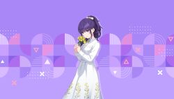  1girl asahina_mafuyu belt blue_eyes bouquet breasts buttons center_frills collared_dress colorful_palette cowboy_shot dot_nose dress expressionless floral_print flower flower_request frills game_cg hair_over_shoulder hair_ribbon hands_up high_ponytail highres hodokenu_ashita_ni_te_wo_nobashite_(project_sekai) long_sleeves looking_at_flowers medium_breasts multicolored_eyes official_alternate_costume official_alternate_hair_ornament official_art pink_background ponytail project_sekai purple_background purple_hair purple_theme ribbon sleeve_cuffs solo third-party_source triangle two-tone_background two-tone_eyes upper_body violet_eyes wavy_hair wavy_sidelocks white_belt white_dress white_ribbon yellow_flower 