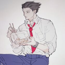  1boy ace_attorney blue_pants box brown_eyes chopsticks closed_mouth collared_shirt dadadadadaist food grey_background grey_hair holding holding_box holding_chopsticks imple_background looking_to_the_side male_focus necktie open_collar pants phoenix_wright red_necktie shirt shirt_tucked_in short_hair short_sideburns sideburns sideways_glance sitting sketch sleeves_rolled_up solo watch watch white_shirt wing_collar 