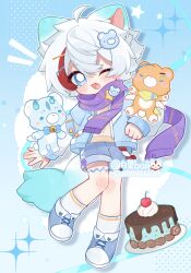 1boy ;d ahoge animal_ears artist_name baili_(mhs_1830189) blue_background blue_eyes blue_jacket blue_shoes blue_shorts blush blush_stickers bright_pupils cake cherry commission dog_boy dog_ears dog_tail dot_nose double-parted_bangs drop_shadow food fruit full_body hair_between_eyes highres jacket long_sleeves looking_at_viewer male_focus multicolored_hair notice_lines one_eye_closed open_clothes open_jacket open_mouth original outline purple_scarf red_hair scarf shoes short_hair shorts single_blush_sticker single_hair_streak smile socks solo standing striped_clothes striped_scarf striped_socks sweater tail two-tone_hair white_hair white_outline white_pupils white_socks yellow_sweater 